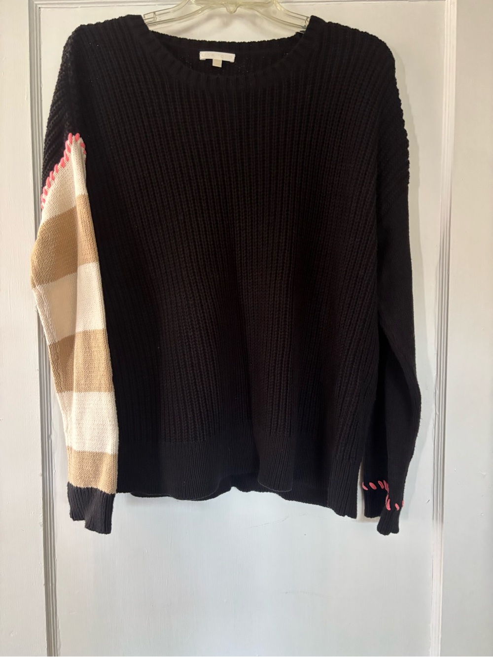 Lisa Todd Black Knit Sweater with Striped Sleeve Accent